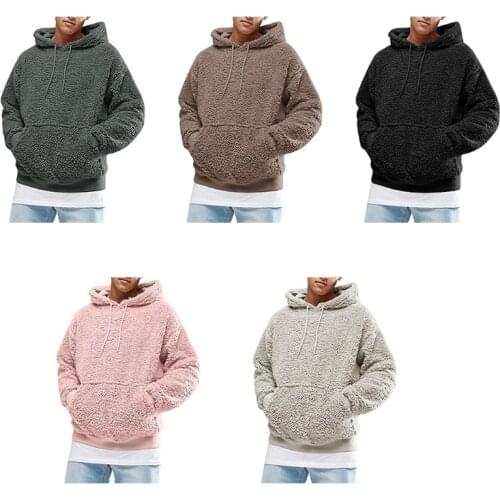 New Men Boys Winter Thicken Plush Long Sleeve Sweatshirt Pullover Drawstring Hoodie Tops with Pocket Fluffy Kangaroo Outwear