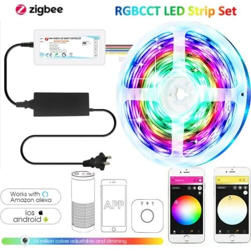 Tuya Zigbee3.0 Controller Smart w DC12V/24V 5m/10m 5050 90leds/m RGBCCT Led Strip Lights for Room w Smarthings Echo Plus H-U-E