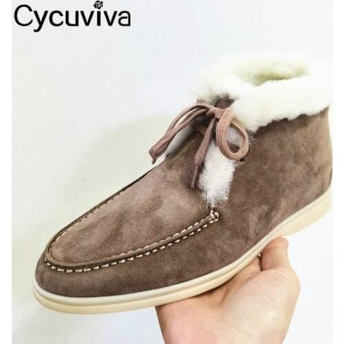 High Top Winter Wool Women Snow Boots Nude Black Lace Up Ankle Boots For Women Flat Fur Shoes Winter Warm Short Boots Femme
