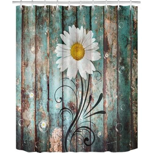 LB Country Style White Daisy Shower Curtain Plants with Flower Bubbles on Rustic Wood Shower Curtains for Girls Bathroom Decor