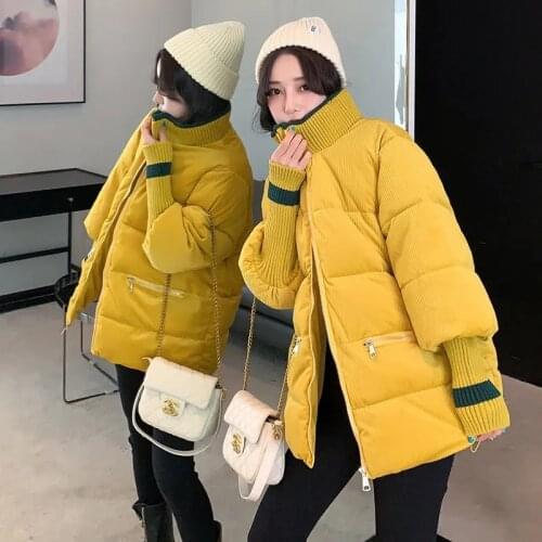 Corduroy Parkas Women Winter Thicken Warm Down Cotton Jacket Oversize Loose Knitted Cuff Bread Outerwear Chic Femme Quilted Coat