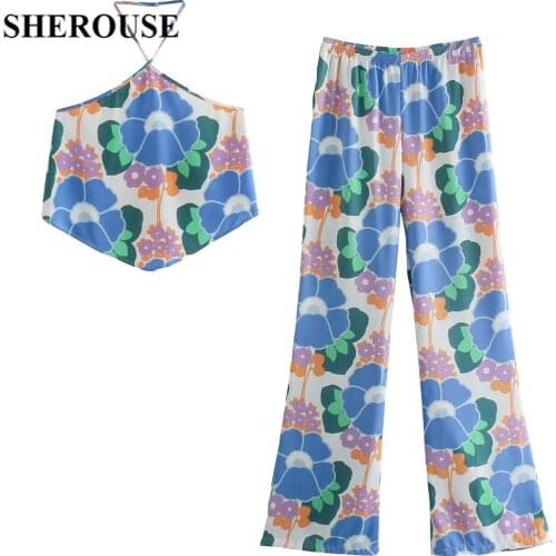 Women Fashion Two Piece Set Casual Halter Crop Top and Elastic Waist Trousers Chic Lady y2k Outfits Pants Sets Woman