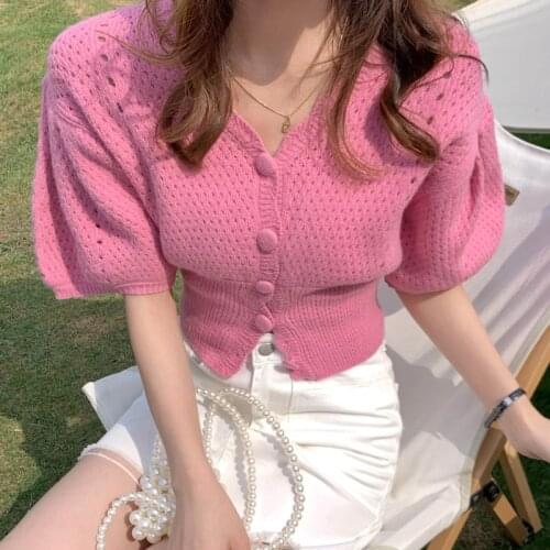 High Quality Bubble Sleeve Summer Korean Casual Knitted Sweater Mujer Women V-neck Thin Cardigan Girls Crop Top Pull Femme