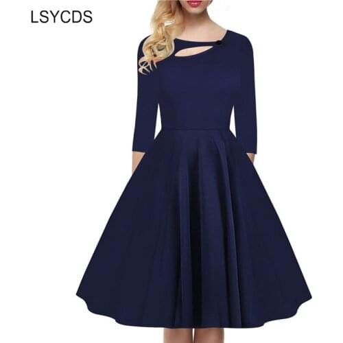 LSYCDS Autumn A Line Dress for Women 3/4 Sleeve Knee length Vintage Dress Hollow Out Female Robes Elegant Vestidos de Festa