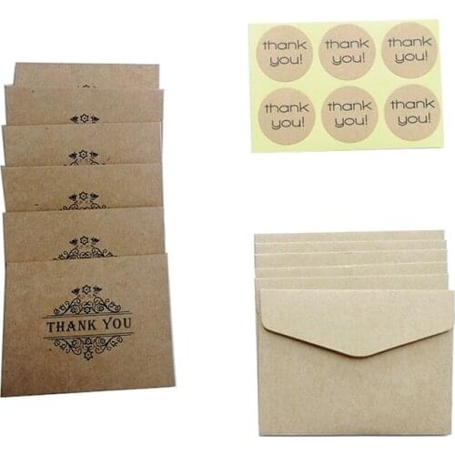 1Pack kraft paper Thank you sticker+envelope+folded card DIY Write blank Cards Wedding Party Invitation Blank inside Postcard