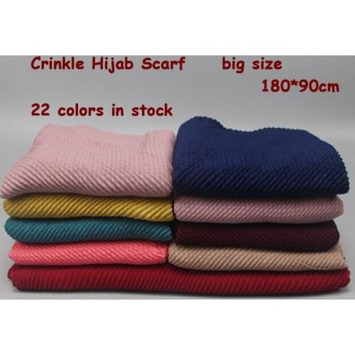 10pc/lot Wrinkled Scarf Large Size 180*90cm 22 colors Popular Womens Pleated Crinkle Hijab Scarf Muslim Head Wrap Shawl