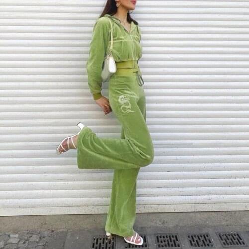 Green Casual Women Pant Set Long Sleeve Zipper Hoodie Elastic Waist Diamond Straight Pant Autumn Solid Loose Women 2 Piece Set