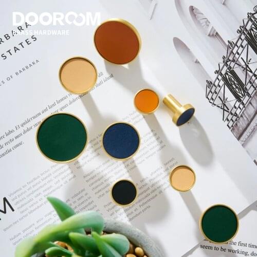 Dooroom Brass Leather Furniture Handles Light Luxury Round Pulls Cupboard Wardrobe Dresser Shoe Box Drawer Cabinet Knobs