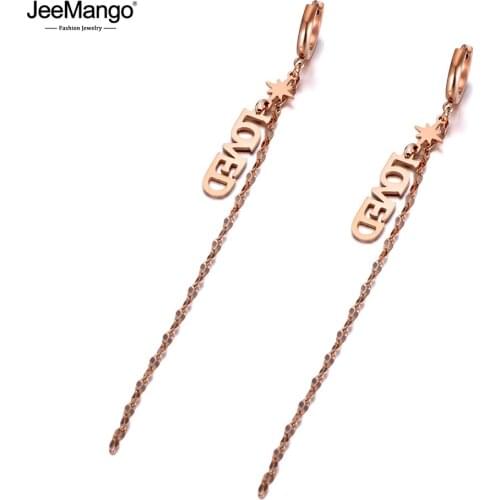 JeeMango Bohemia Titanium Stainless Steel Loved Dangle Earrings Fashion Rose Gold Tassel Drop Earrings For Women Girls JE20032