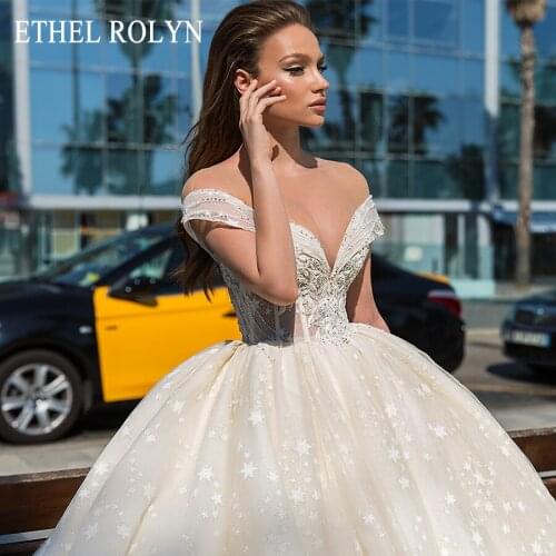 ETHEL ROLYN Lace Ball Gown Wedding Dress 2021 Crystal Off the Shoulder Shining Cathedral Princess Bridal Gown Vestido De Noiva