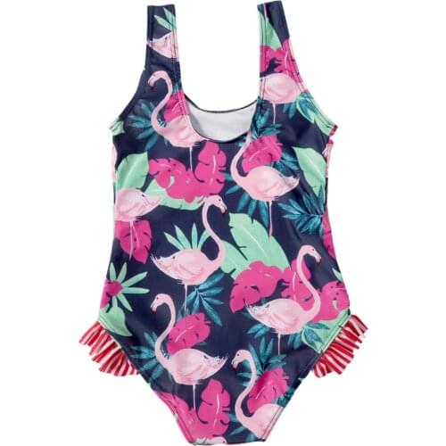Little Girls Breathable One-piece Swimsuit Summer Children Cute Flamingo Printing Flouncing Sleeveless Swimwear