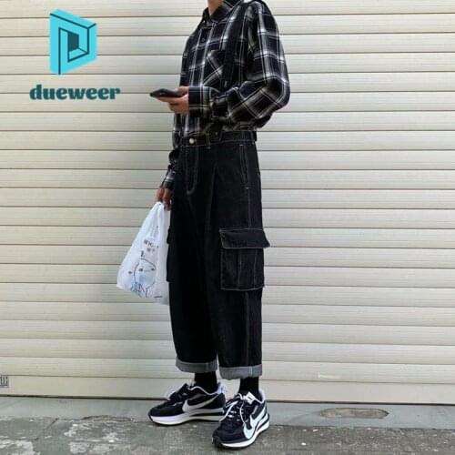 DUEWEER Mens Wide Leg Jeans Overalls Loose Straight Leg One-Piece Harajuku Strap Suspenders Casual Distressed Black Denim Pants
