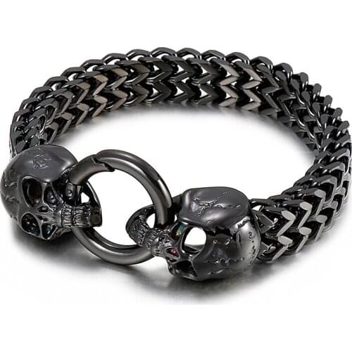 Black Tone Gothic Bracelet Mens Stainless Steel Skull Franco Chain Chain Bangle with Spring Clasp 12MM 9 INCH