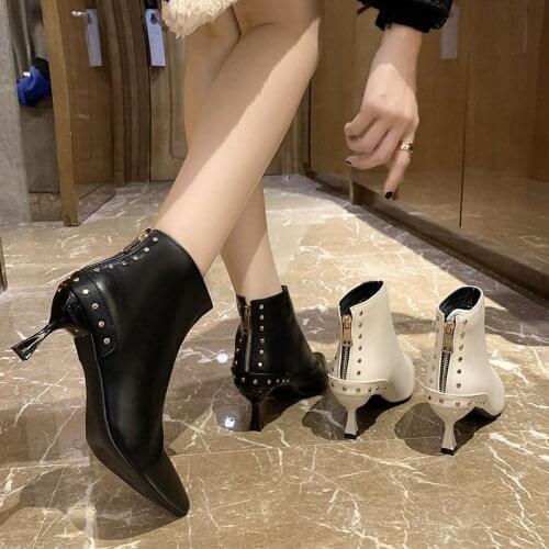 New High-heeled Short Boots Womens New Spring Autumn Single Boots Thin Sexy Rivet Ankle Boots Pointed Toe Stiletto Martin Boots