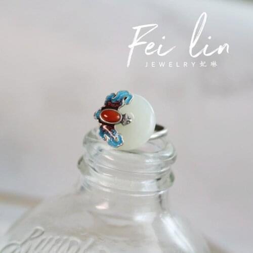 Original Design S925 Sterling Silver Burnt Blue Retro Minority Chinese Style National Style Forbidden City Style Hetian Jade Ope