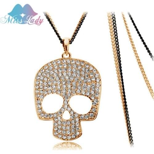 Miss Lady Rose Gold color Rhinestone Crystal Long Skull Necklaces Pendants Wholesales Fashion Jewelry for women MLY4492