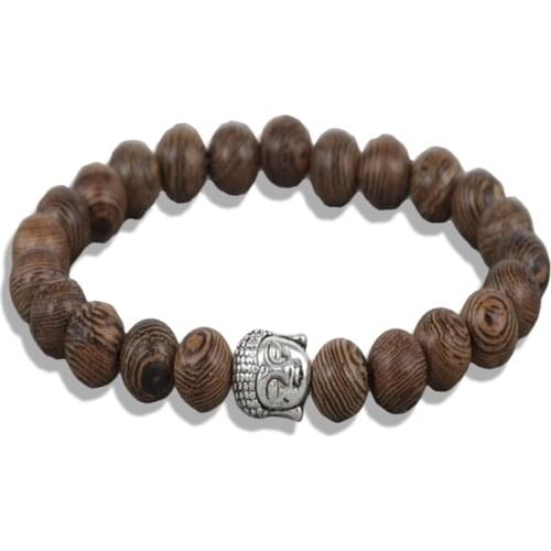 Silver Plated Buddha Bracelet Men Fashion Jewelry 2019 Mala Head Hand Bracelet New Vintage Style Wood Bead Yoga Bracelet Homme