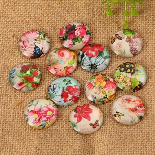 Different Flowery Flower and Butterfly Mixed Color Printed Mosaic Half Round/Dome Glass Mosaic Cabochons for Jewelry Making
