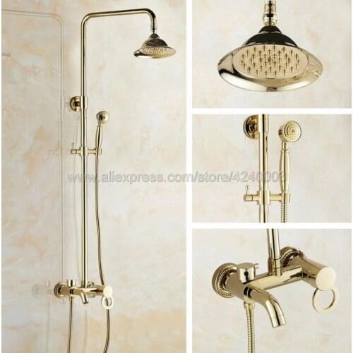 Luxury Gold Color Brass Wall Mount Rain Shower Faucet Hand Shower Sprayer Top Shower Tub Mixer Tap Kgf407
