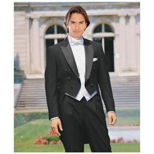 Custom Made to Measure TAILCOAT,BESPOKE BLACK Groom Tuxedos SATIN PEAK Lapel, WHITE VEST, Tailored mens LONG TAIL TUXEDOS