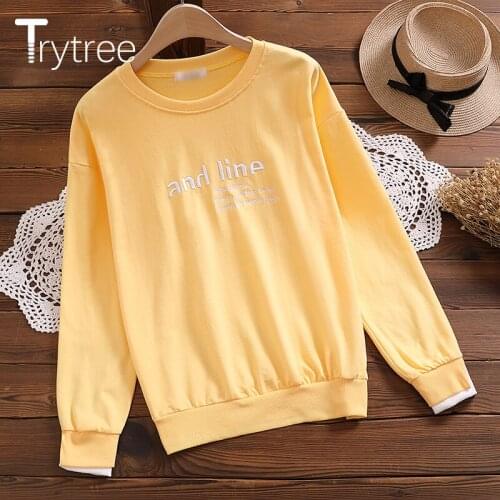 Trytree 2020 Spring Autumn Casual Womens Sweatshirts Embroidery Letters shirt Streetwear Cotton Blend Loose Tops for Women