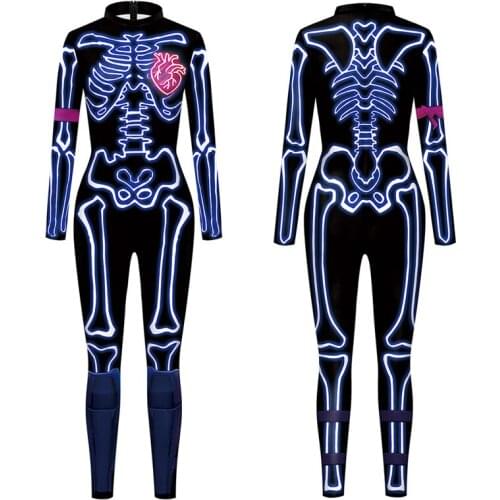 Adult Cosplay Bodycon Carnival Party Streetwear Sexy Tight Outfit Horror Halloween Costumes for Women Scary Skeleton Jumpsuit