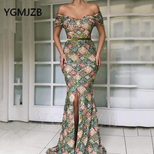 Colorful Sequin Off Shoulder Evening Dresses 2020 Mermaid V-neck Front Slit Saudi Arabic Women Formal Prom Gowns Party Dress