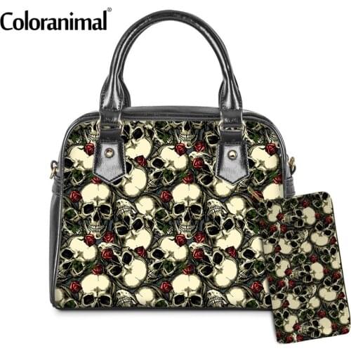 Coloranimal Gothic Skull Pattern 2Pcs/Set Women Crossbdoy Bag&Wallet Day of the Dead Tote Messenger Bag PU Leather Lady Handbag