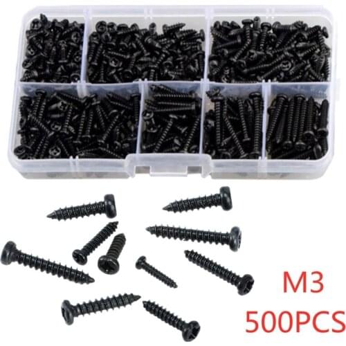 500pcs M3 Carbon Steel Black PA cross Round Pan Head Tapping Screws Set Carbon Steel laptop computer screw Phillips Screw kit