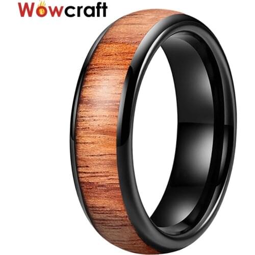 6mm Black Wedding Band for Men Women Tungsten Carbide Ring with Nature Wood Inlay Comfort Fit Free inside Engraving