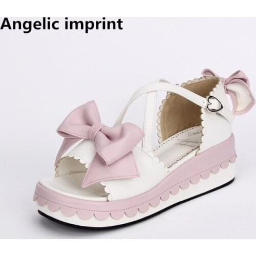 Angelic imprint woman mori girl lolita cosplay shoes lady high heels wedges pumps women princess summer dress sandals 33-47 bow