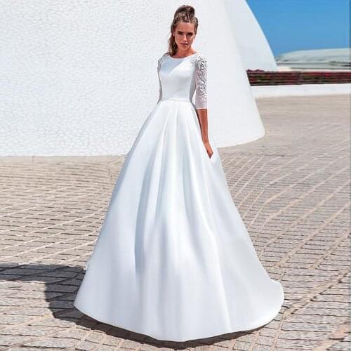 O-Neck 3/4 Sleeves Beading Applique Satin A-Line Wedding Dress With Pleat Belt Sweep Train Lace-up Bridal Gown Vestido De Noiva