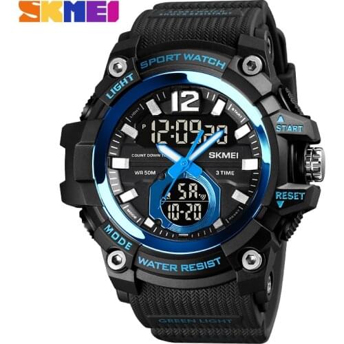 SKMEI 2021 Men Military Sport Wrist Watch PU Band Dual Display Watches Black Waterproof Mens Watch LED Quartz Clock Relogio 1725
