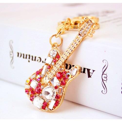 Colorful Crystal Guitar Musical Instrument Keychain Girl Accessories Key Chain Metal Pendant Small Gift Gift