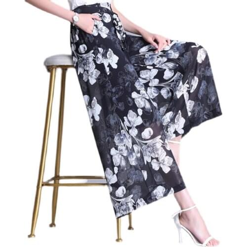 Summer High Waist Casual Skirt Wide Leg Pants Loose Chiffon Floral Print Plus Size 4xl Loose Elastic Waist Women Trousers