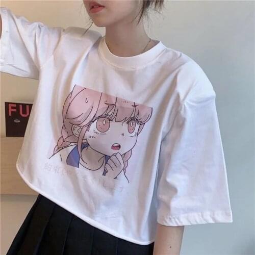 Short Sleeve Oversized T-shirt Womens Summer 2021 Korean Cute Student Round Neck Clothes Loose White Top Graphic Tees Women