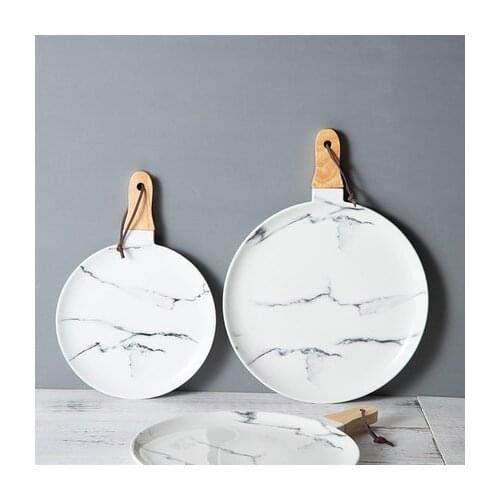 Ceramic Western Plates Nordic Marble Texture Pizza tray with Wood Handle Steak Plate Pasta Tray Western Tableware