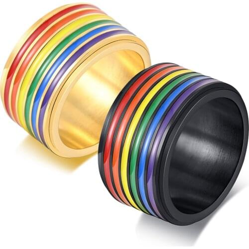 12MM 316L Stainless Steel Enamel Rainbow LGBT Pride Ring Lesbian Gay Wedding Engagement Multicolor Spinner Rings for Men Gifts