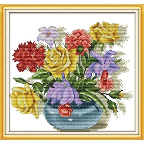 Colorful flowers cross stitch kit flower 14ct printed fabric canvas stitching embroidery DIY handmade needlework