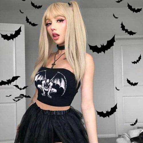 Summer Womens Strapless Crop Tops Gothic Devil Print Sleeveless Backless Slim Fit Tube Tops Womens T-shirt Streetwear Y2k