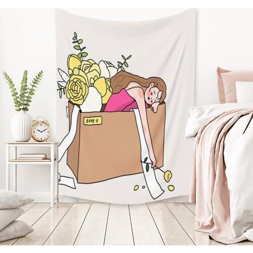 Nordic Ins Cute Girl Tapestry Wall Hanging Sofa Background Cloth Girls Home Decor Bedroom Bedside Cloth Painting Beach Towel