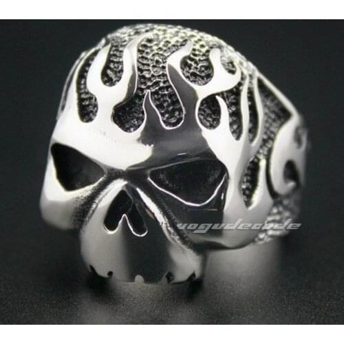 Huge & Heavy Solid 316L Stainless Steel Fire Skull Mens Biker Ring 3F002