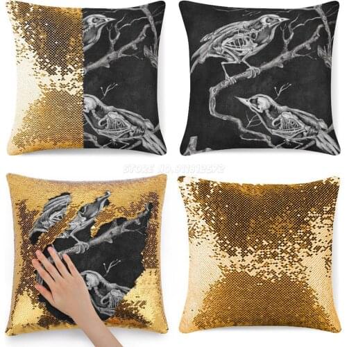 Olvidos Sequin Pillowcase Magical Cushions Cover 40X40cm Mermaid Birds Bones Forgetfulness Skeleton Xray Death Melancholy Pencil