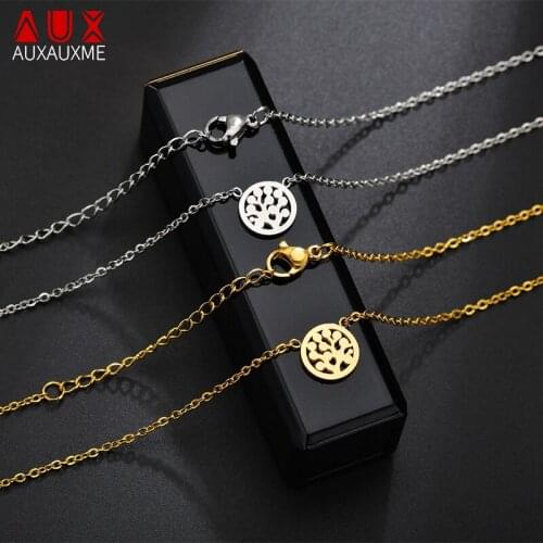 Auxauxme Stainless Steel Hollow Tree of Life Necklace Fashion Round Stainless Steel Chokers Necklaces For Women Jewelry Gifts