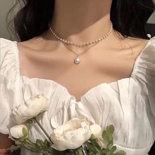 Pearl Choker Necklace Fashion Kpop Simplicity Double Layer Multilayered Chain Pendant For 2021 Women Jewelry Girl Gift