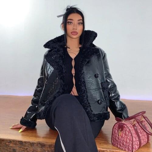 Hot Girl Imitation Roll Cashmere Black Patent Fur One Double-Breasted Fur Jacket Short Sleeve