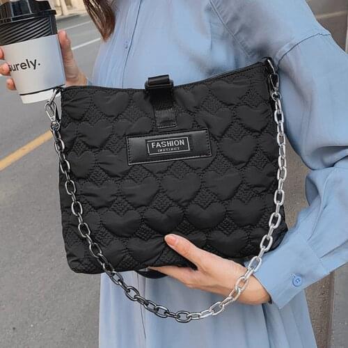Big Space Cotton Shoulder Bags Women Brand Heart Print Messenger Bag Casual Chain Tote Bag Ladies Down Feather Pad Crossbody Bag
