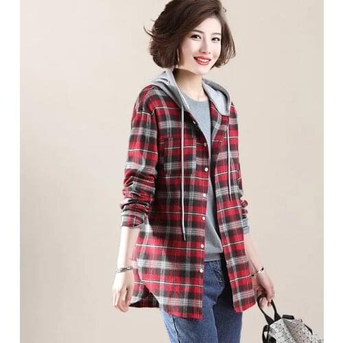 2021 New Autumn Woman Plaid Jackets Shirts Vintage Long Sleeve Loose Hooded Jackets for Women Winter Oversized Femme Blouse
