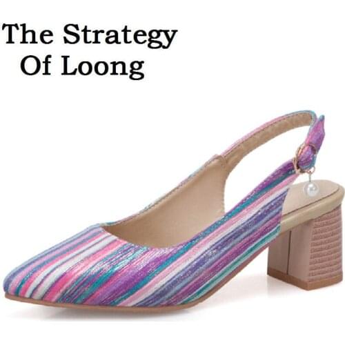 Ladies Sandals 2019 New Off White Shoes Women Sandals Ankle Wrap Buckle Strap Pointed Toe Mixed Colors Thick High Heels Strap