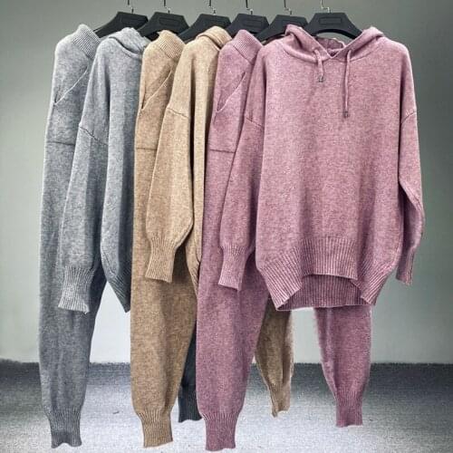 High Waist ladies sext Women Knitted sweaters Set top quality real wool apricot sweater wide leg pants set T073